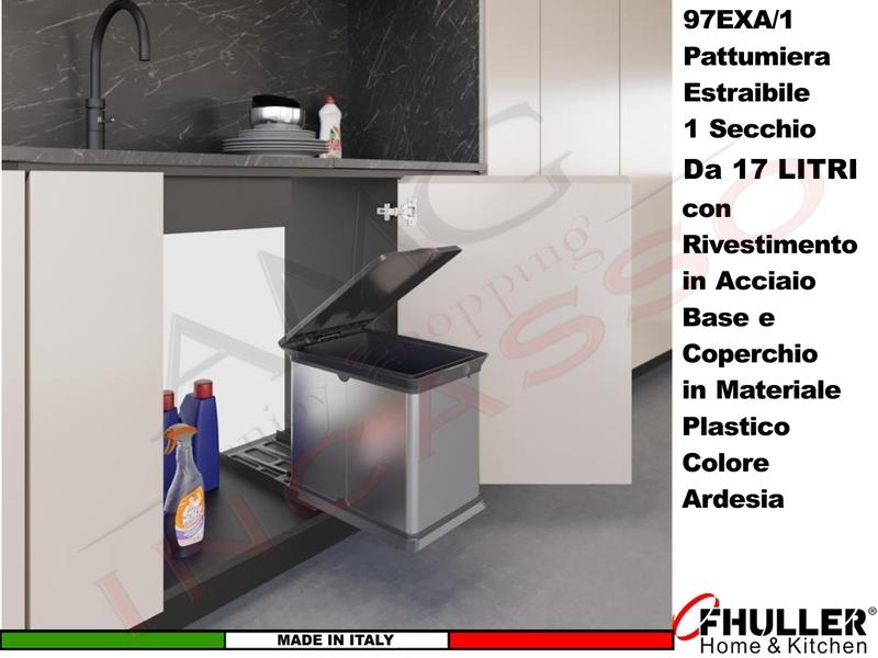 FHULLER Pattumiera Incasso Estraibile Acciaio e Plastica Ardesia 1 Secchio