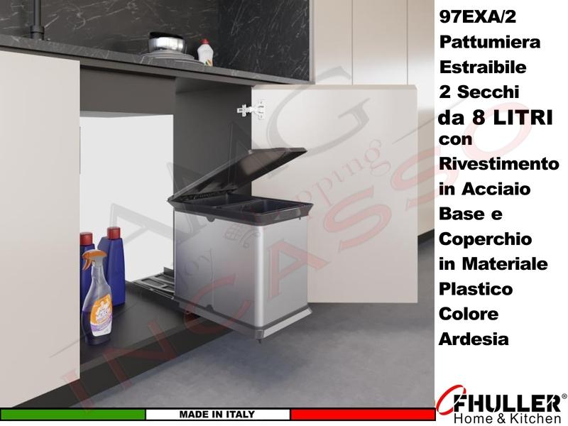 FHULLER Pattumiera Incasso Estraibile Acciaio e Plastica Ardesia 2 Secchi