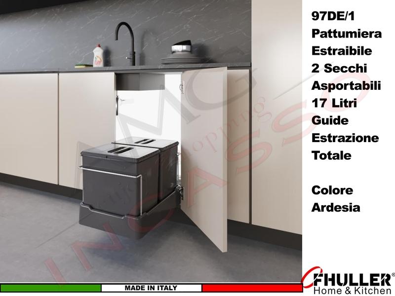 FHULLER Pattumiera Incasso Estraibile Plastica Ardesia 2 Secchi Coperchi Singoli