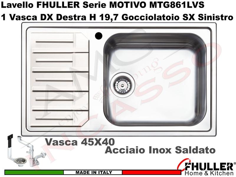 Lavello FHULLER Mod.MOTIVO Acciaio Spazzolato 86X50 1 Vasca H 18 DX Maxi e Gocc. SX