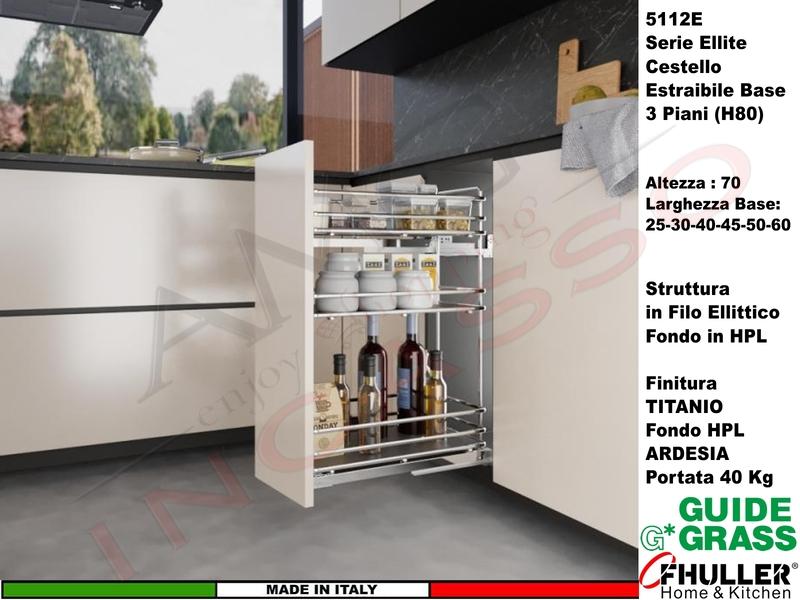 Cestello FHULLER Base 5112EY (H80) ELLITE Estraibile 3 Ripiani da 25 Prof.45 Vedi Colore