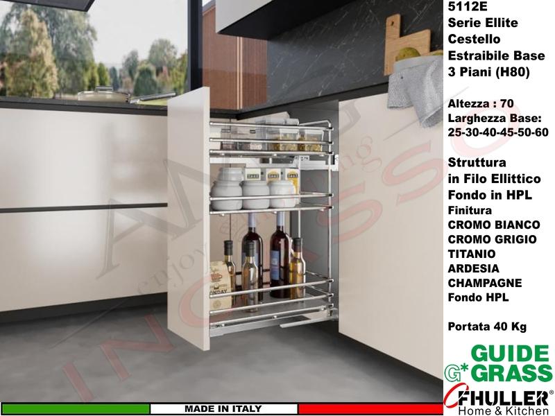 Cestello FHULLER Base 5112EY (H80) ELLITE Estraibile 3 Ripiani da 25 Prof.45 Vedi Colore