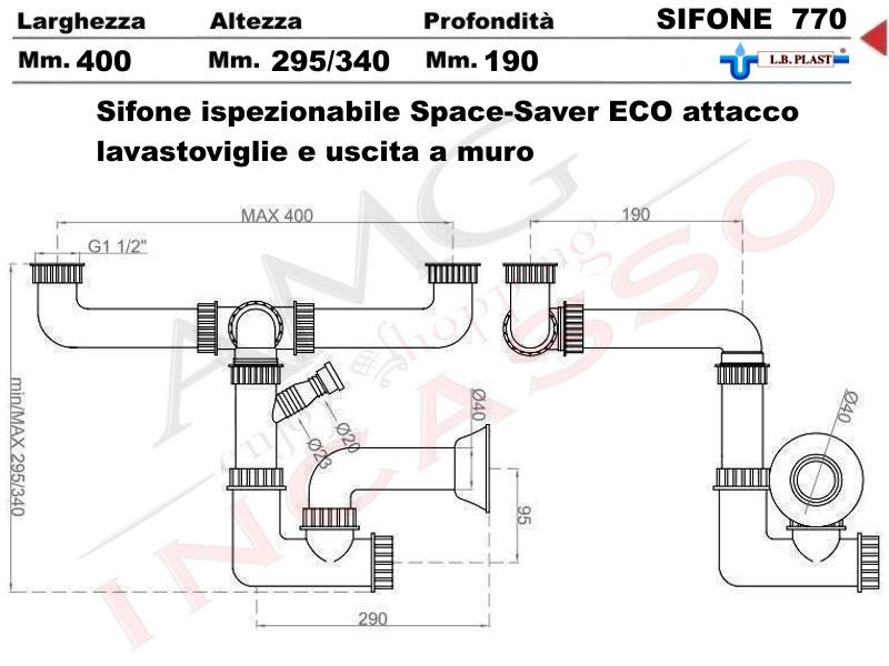 Sifone 2 via ispezionabile Space-sever L.B.PLAST 770 con attacco lavastoviglie e uscita a muro per lavabo lavello cucina incasso - ingresso 1 tubo scarico diam. 40