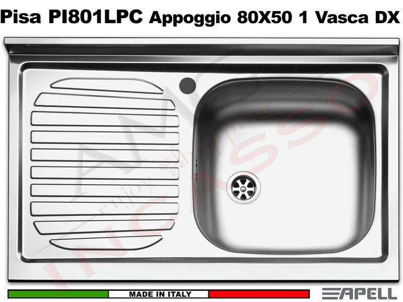 Lavello Apell Pisa PI801LPC Appoggio Monostampo 80X50 1 Vasca DX Gocciol.SX Inox
