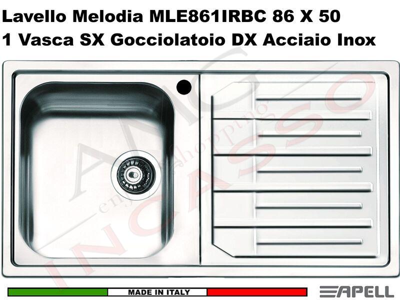 Lavello Apell Melodia MLE861IRBC 86X50 1 Vasca SX Gocciolatoio DX Acciaio Inox