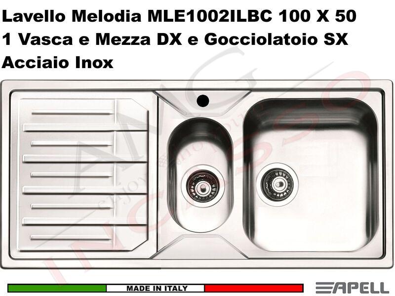Lavello Apell Melodia 100X50 1 Vasca e Mezza DX e Gocc.SX Acciaio