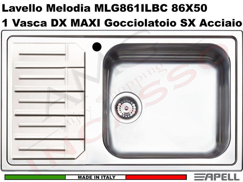 Lavello Apell MLG861ILBC 86X50 1Vasca DX MAXI Large Gocciolatoio SX Acciaio Inox