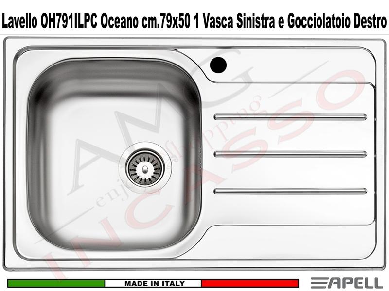 Lavello Apell Oceano Prelucido cm. 79x50 OH791IRPC 1 Vasca SX e Gocc. DX