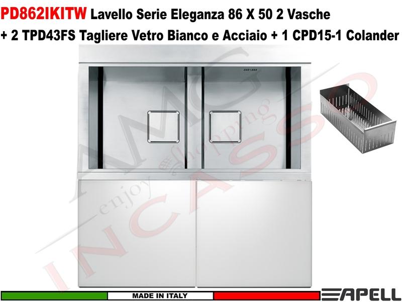 Lavello Apell PD862IKITW ELEGANZA 86X50 2 Vasche +2 Taglieri Bianchi +1 Colander