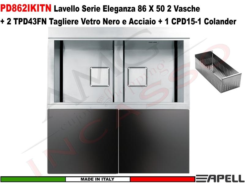 Lavello Apell PD862IKITN ELEGANZA 86X50 2 Vasche +2 Taglieri Neri +1 Colander