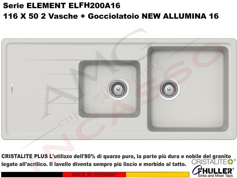 Lavello Element ELFH200A16 116X50 2 Vasche + Gocciolatoio Cristalite® A16 NEW ALUMINA