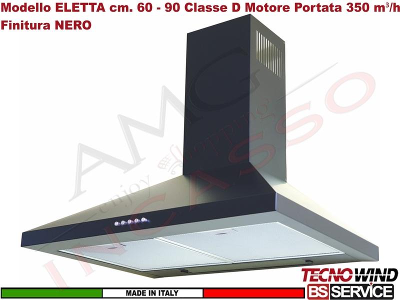 Cappa Parete Camino Moderna 90 Tecnowind ELETTA BLACK K217R0221 Motore 350 m³/h