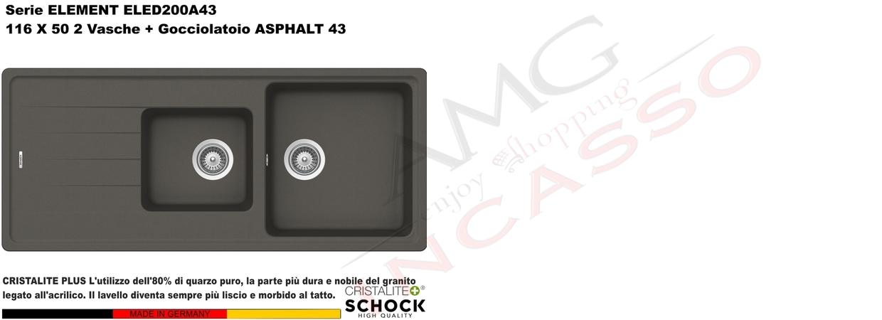 Lavello Element ELED200A43 116X50 2 Vasche + Gocciolatoio Cristalite® A43 ASPHALT