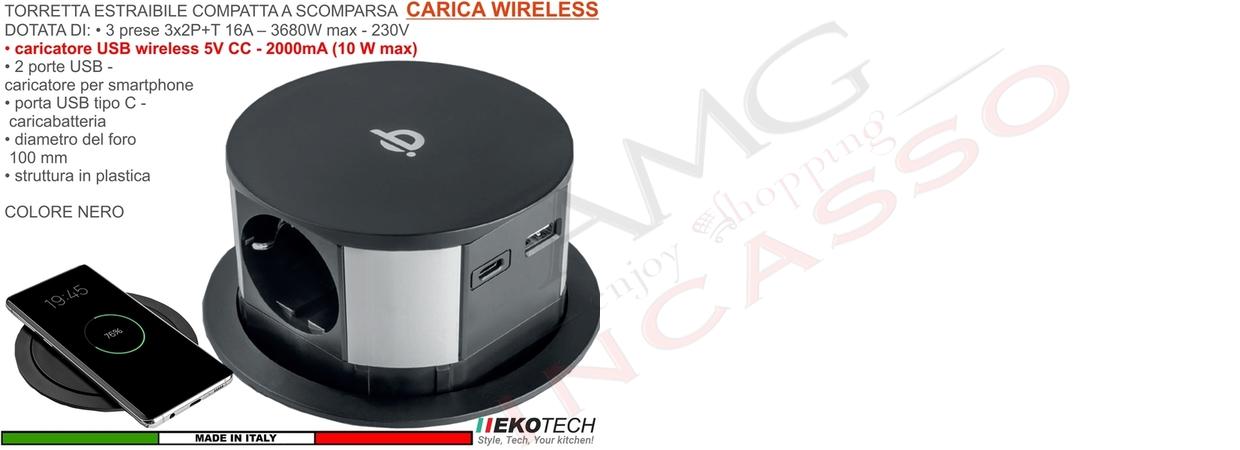 Torretta Multipresa Estraibile a Scomparsa 3 Prese 2 USB Ricarica Wireless Nera
